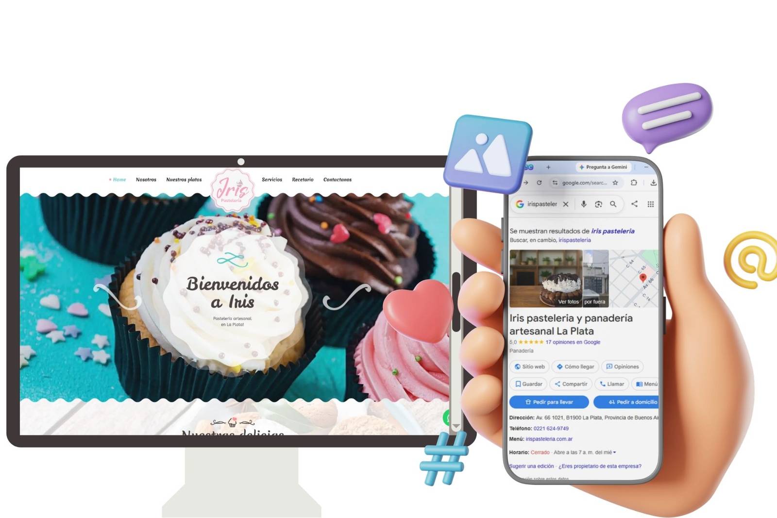Diseño de contenido para la web y Google My Business para Iris Pastelería realizado por Antonela Casagrande community manager, social media manager y creadora de contenido AI